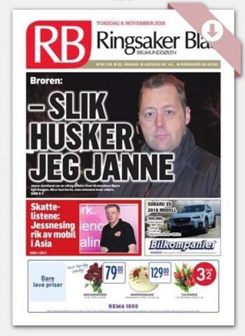 Gårsdagens forside av Ringsaker blad. Gårsdagens forside av Ringsaker blad.