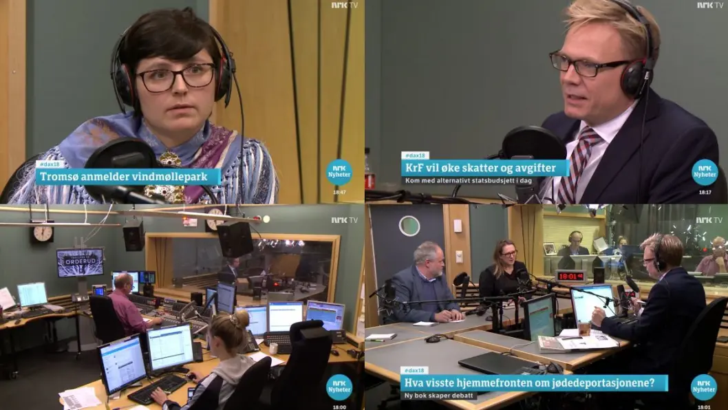 Skjermgrabb frå NRK si Dasgsnytt 18-sending fredag 9. november. I biletet: Risten Turi Aleksandersen, programleiar Espen Aas, og nedst til høgre debattantene Marte Michelet og Bjarte Bruland. Skjermgrabb frå NRK si Dasgsnytt 18-sending fredag 9. november. I biletet: Risten Turi Aleksandersen, programleiar Espen Aas, og nedst til høgre debattantene Marte Michelet og Bjarte Bruland.