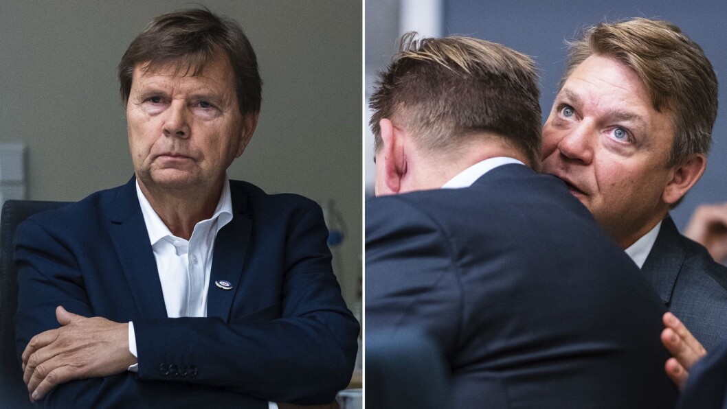 P4-sjef Kenneth Andresen (t.h.) kommer med spark til Svein Larsen (t.v.) i Radio Metro. Bildene er tatt under kulturminister Trine Skei Grandes rundbordskonferanse om DAB tidligere i høst. P4-sjef Kenneth Andresen (t.h.) kommer med spark til Svein Larsen (t.v.) i Radio Metro. Bildene er tatt under kulturminister Trine Skei Grandes rundbordskonferanse om DAB tidligere i høst.