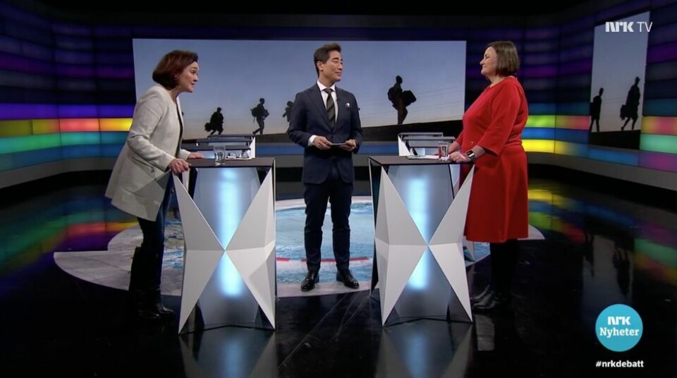 Debatten på NRK, hvor Rita Karlsen fra HRS møtte Henriette Westhrin fra Norsk Folkehjelp.