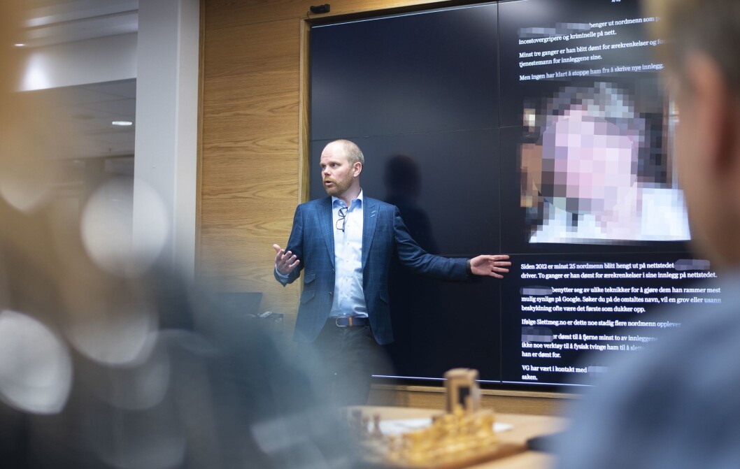 Her fra da VG-redaktør Gard Steiro presenterte de journalistiske valgene i saken for de ansatte i VG. Mannen er i dette tilfellet anonymisert av Medier24. Her fra da VG-redaktør Gard Steiro presenterte de journalistiske valgene i saken for de ansatte i VG. Mannen er i dette tilfellet anonymisert av Medier24.