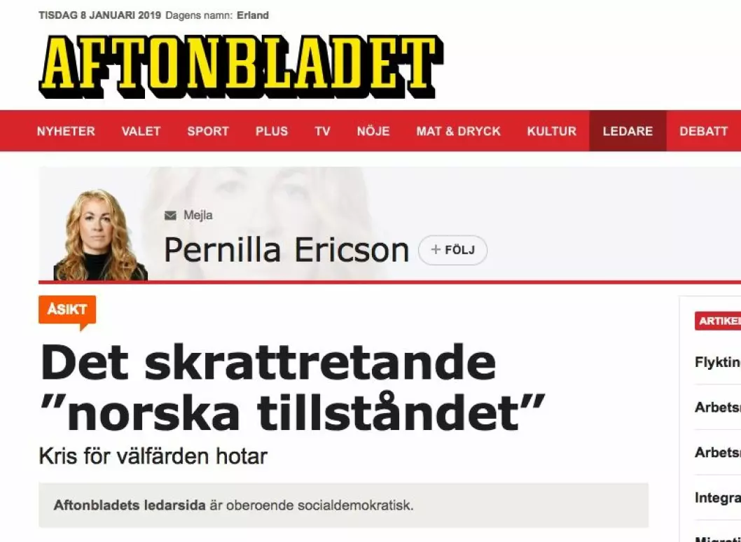 Skjermdump fra Aftonbladets kommentar.