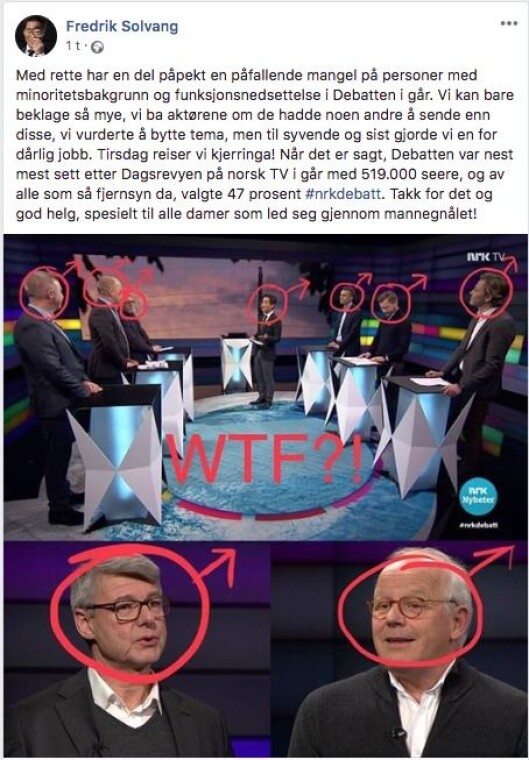 Fredrik Solvang skriver at de beklager mangelen på minoriteter og kvinner i NRK-programmet «Debatten». Fredrik Solvang skriver at de beklager mangelen på minoriteter og kvinner i NRK-programmet «Debatten».