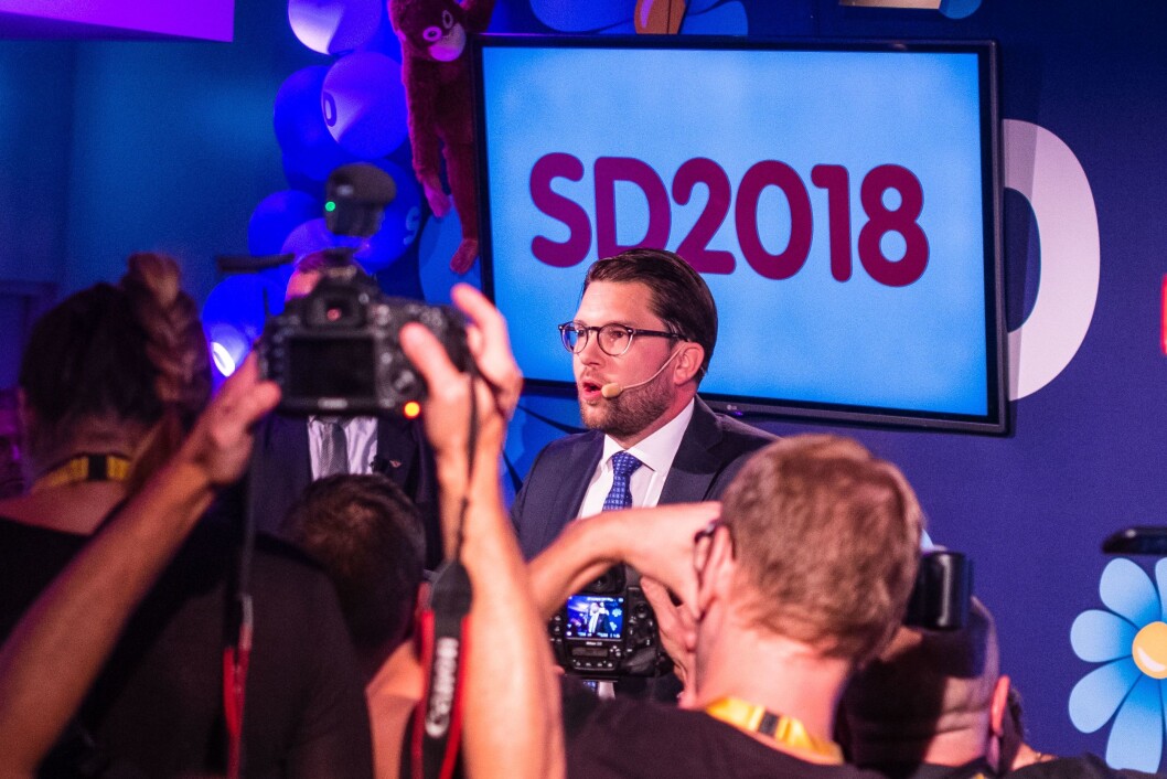 Jimmie Åkesson, her under Sverikedemokraternas valgvake. . Jimmie Åkesson, her under Sverikedemokraternas valgvake. .