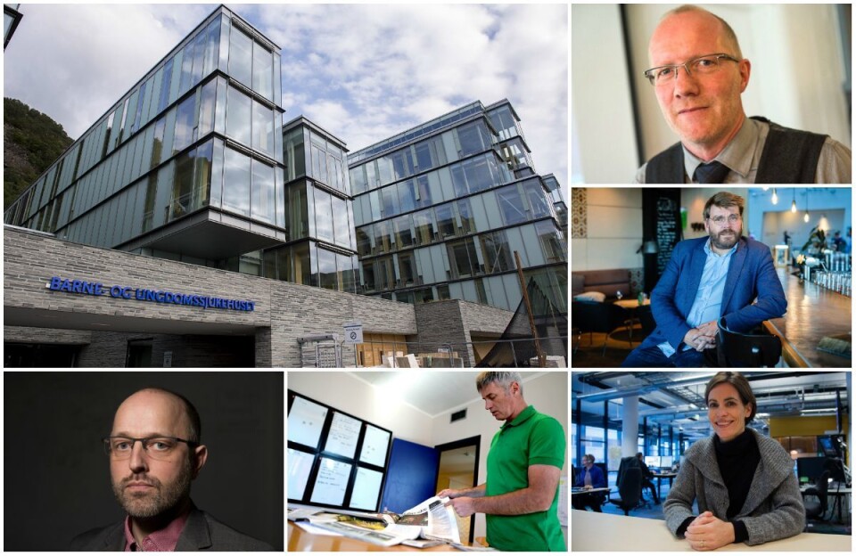 Flere reagerte da nyheten kom om at Helse Vest vil skrinlegge ordning som offentliggjør pasientskadeinfo. Fra venstre: NTB-redaktør Mads Yngve Storvik, Magne Kydland i Sunnhordland, Dyveke Buanes i NRK Hordaland, Sigvald Sveinbjørnsson i BA og Arne Jensen i NR. Flere reagerte da nyheten kom om at Helse Vest vil skrinlegge ordning som offentliggjør pasientskadeinfo. Fra venstre: NTB-redaktør Mads Yngve Storvik, Magne Kydland i Sunnhordland, Dyveke Buanes i NRK Hordaland, Sigvald Sveinbjørnsson i BA og Arne Jensen i NR.