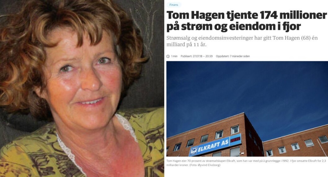 Antatt kidnappede Anne-Elisabeth Hagen. Til høyre en Dagens Næringsliv-artikkel om Hagens ektemann, Tom Hagen, fra juli 2018. Artikkelen omtalte forretningsmannen økonomi. Antatt kidnappede Anne-Elisabeth Hagen. Til høyre en Dagens Næringsliv-artikkel om Hagens ektemann, Tom Hagen, fra juli 2018. Artikkelen omtalte forretningsmannen økonomi.