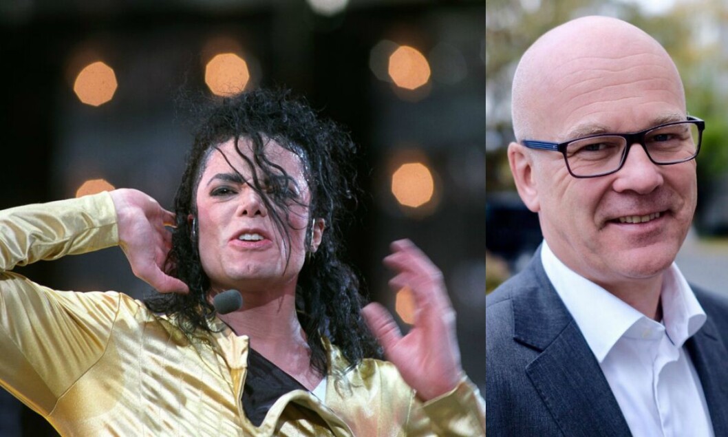 Til venstre er Michael Jackson i aksjon under konsert på Valle Hovin. TIl høyre er kringkastingssjef i NRK, Thor-Gjermund Eriksen. Til venstre er Michael Jackson i aksjon under konsert på Valle Hovin. TIl høyre er kringkastingssjef i NRK, Thor-Gjermund Eriksen.
