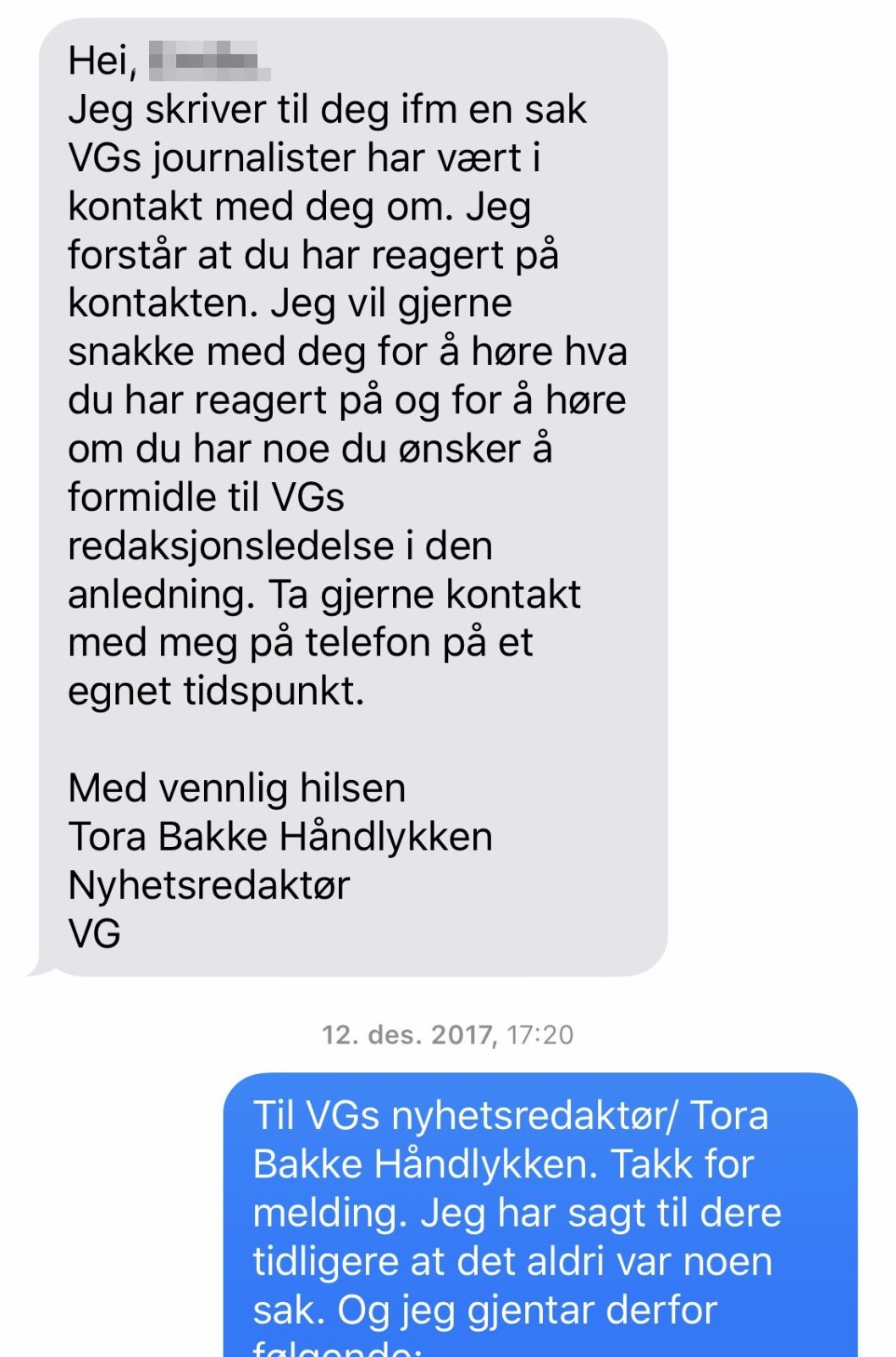 SMS fra nyhetsredaktør Tora Bakke Håndlykken i VG til kvinnen. SMS fra nyhetsredaktør Tora Bakke Håndlykken i VG til kvinnen.