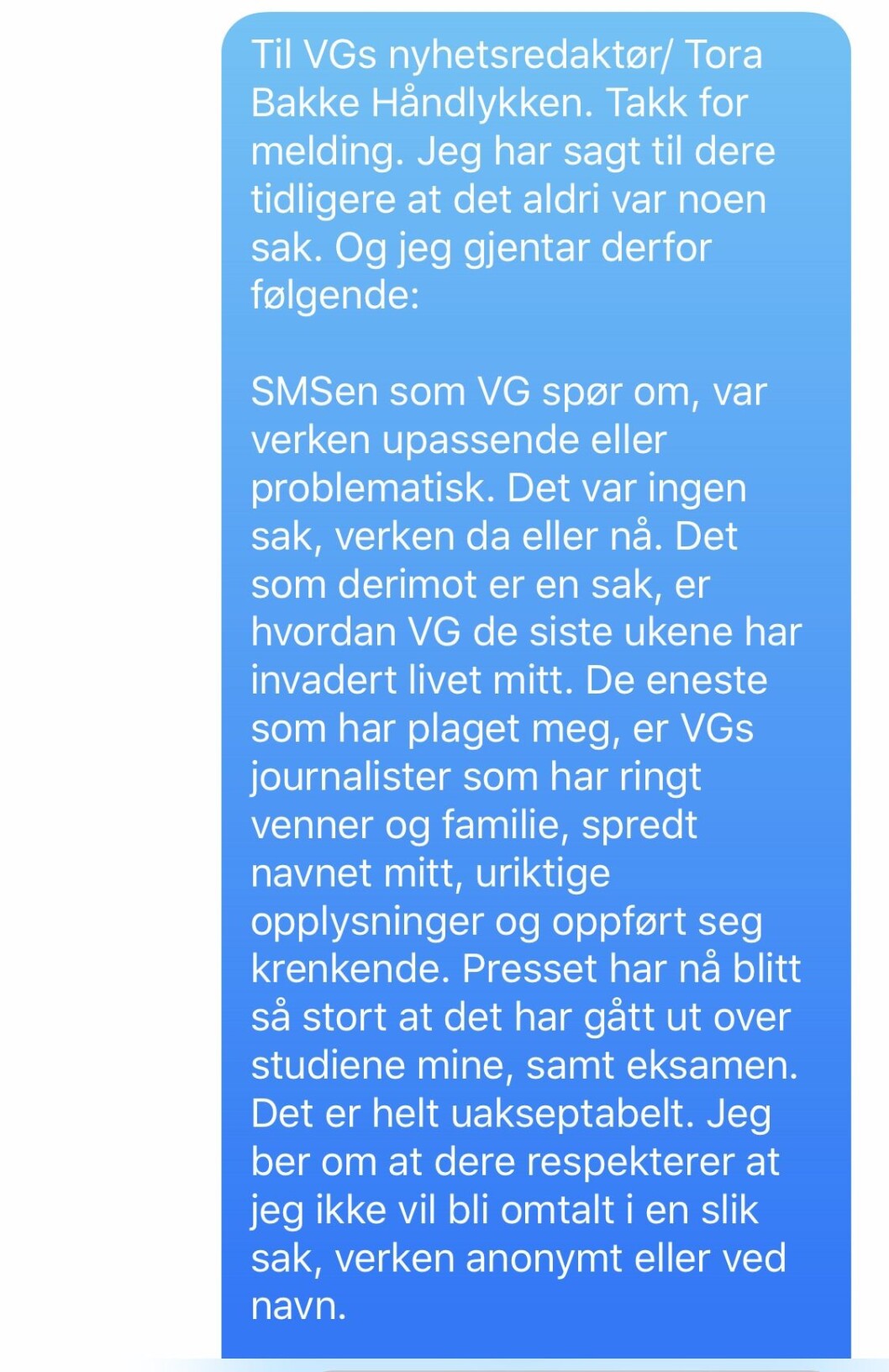 Kvinnens SMS til Tora Bakke Håndlykken. Kvinnens SMS til Tora Bakke Håndlykken.