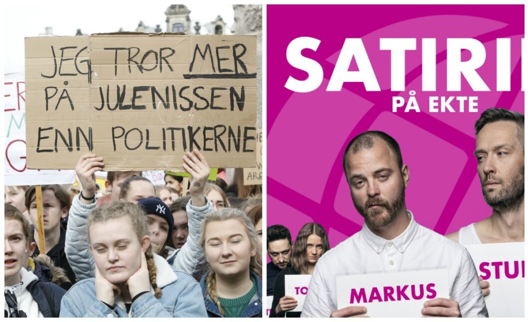 Komiker Thomas Teige i NRK Satiriks utga seg for å være fra regjeringen og lovet de streikende skoleelevene foran Stortinget at de vil få godkjent fraværet. Komiker Thomas Teige i NRK Satiriks utga seg for å være fra regjeringen og lovet de streikende skoleelevene foran Stortinget at de vil få godkjent fraværet.