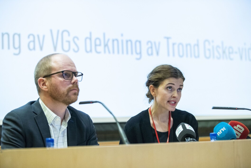 Sjefredaktør Gard Steiro og nyhetsredaktør Tora Bakke Håndlykken under VGs egen evaluering av avisas dekning av den såkalte Giske-videosaken er ferdig. Mediehuset legger fram evalueringen onsdag kveld. Sjefredaktør Gard Steiro og nyhetsredaktør Tora Bakke Håndlykken under VGs egen evaluering av avisas dekning av den såkalte Giske-videosaken er ferdig. Mediehuset legger fram evalueringen onsdag kveld.
