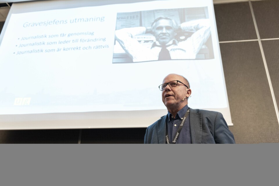 Nils Hanson, redaktør for Uppdrag Gransking på SVT. Her under sitt foredrag på SKUP-konferansen 2019.