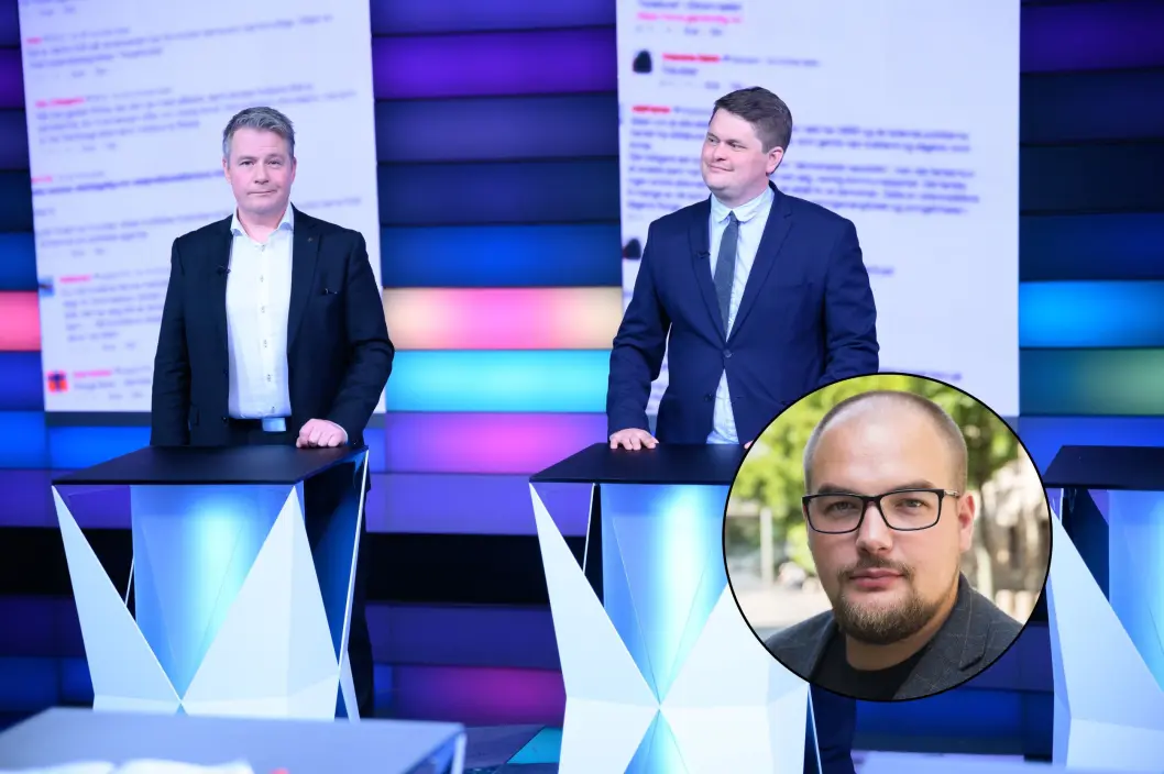 Per-Willy Amundsen (FrP) og Lars Akerhaug (Resett). Erik Waatland innfelt. Per-Willy Amundsen (FrP) og Lars Akerhaug (Resett). Erik Waatland innfelt.