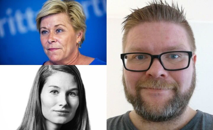 Finansminister Siv Jensen, BT-kommentator Eirin Eikefjord og skribent Magnus Bernhardsen.