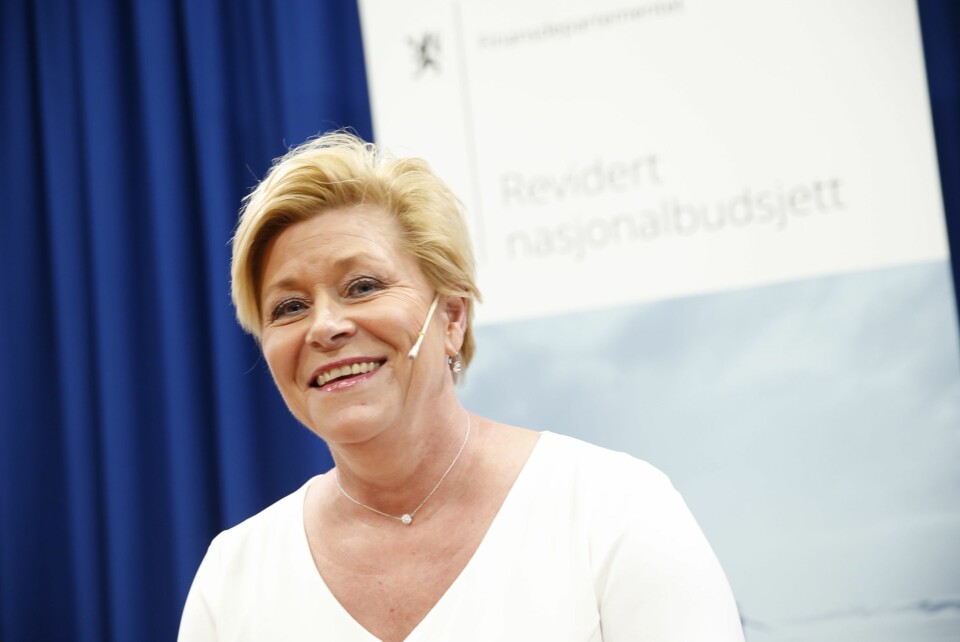 Finansminister Siv Jensen holder pressekonferanse om revidert nasjonalbudsjett 2019.
