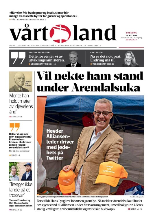 Forsiden av Vårt Land 23. mai 2019. Forsiden av Vårt Land 23. mai 2019.
