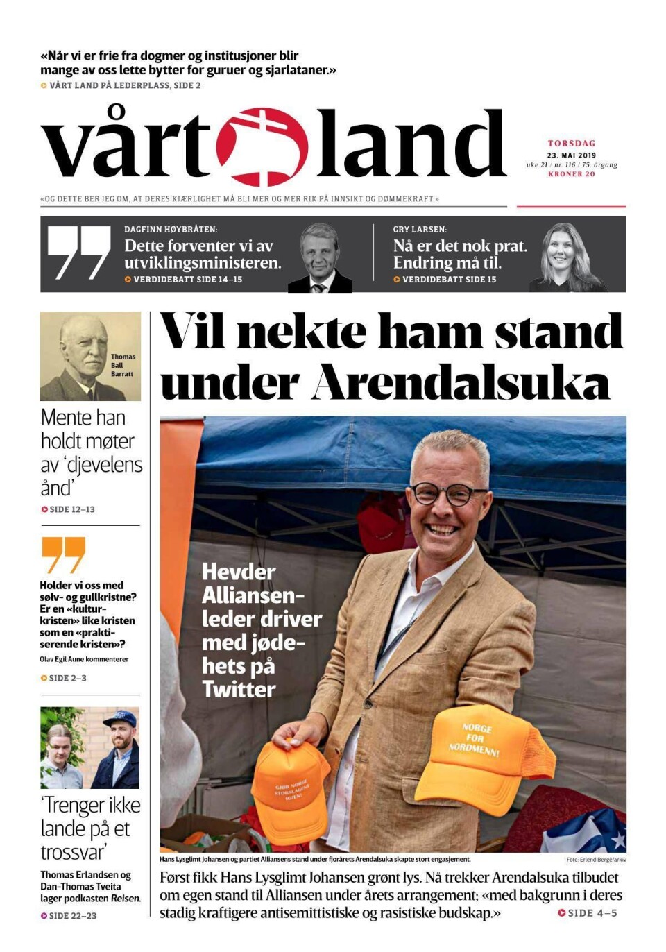 Forsiden av Vårt Land 23. mai 2019. Forsiden av Vårt Land 23. mai 2019.