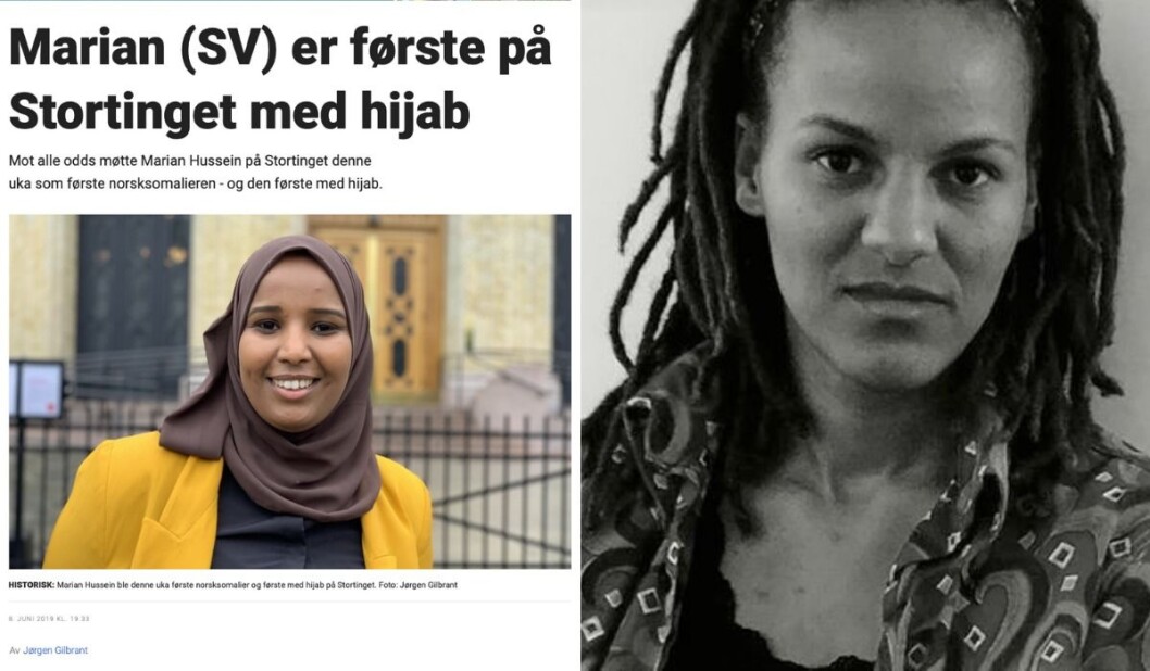 «Artikkelen hadde tittelen «Marian (SV) er første på Stortinget med hijab», men det kunne like godt vært «Første hijab på Stortinget», for kvinnen under hijaben ble mindre og mindre synlig», skriver Stina Amankwah. «Artikkelen hadde tittelen «Marian (SV) er første på Stortinget med hijab», men det kunne like godt vært «Første hijab på Stortinget», for kvinnen under hijaben ble mindre og mindre synlig», skriver Stina Amankwah.