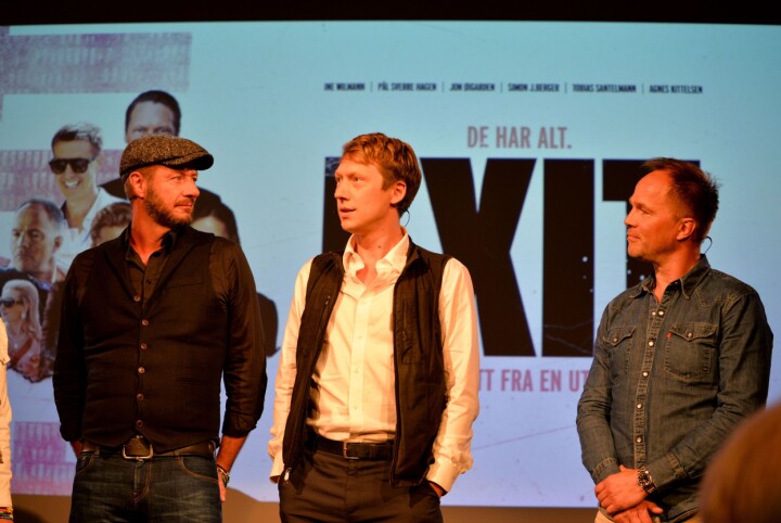 Øystein Karlsen (fra venstre), Simon Berger og Jon Øigarden presenterte den nye NRK-serien «Exit» på NRKs høstlansering.