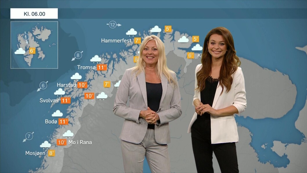 Værsjef Eli Kari Gjengedal og væranker Kristina Kvistad Hustad foran det nye TV 2-været. Værsjef Eli Kari Gjengedal og væranker Kristina Kvistad Hustad foran det nye TV 2-været.