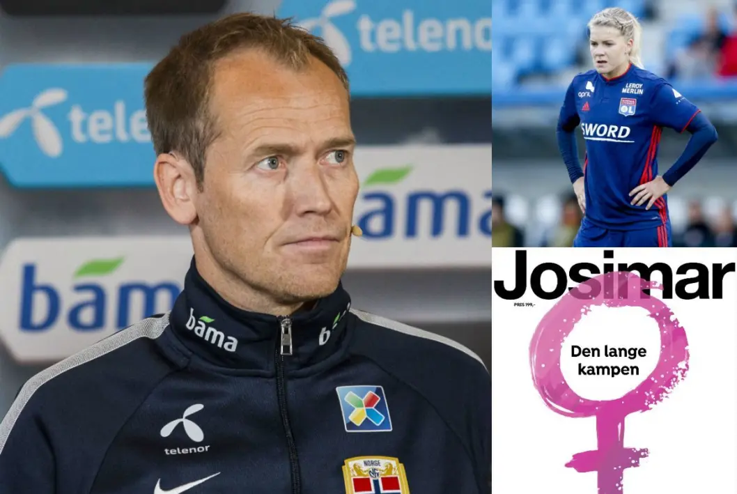 Til venstre er pressesjef for herrelandslaget i fotball, Svein Graff. Til høyre: Lyon-spiller og tidligere landslagsspiller Ada Hegerberg og Josimars spesialutgave om norsk kvinnefotball. Til venstre er pressesjef for herrelandslaget i fotball, Svein Graff. Til høyre: Lyon-spiller og tidligere landslagsspiller Ada Hegerberg og Josimars spesialutgave om norsk kvinnefotball.
