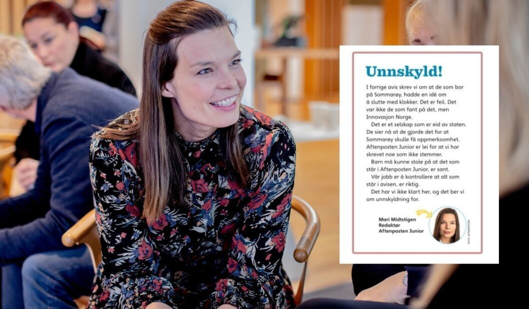 Aftenposten Junior-redaktør Mari Midtstigen beklager til sine lesere med to siders oppslag. Aftenposten Junior-redaktør Mari Midtstigen beklager til sine lesere med to siders oppslag.