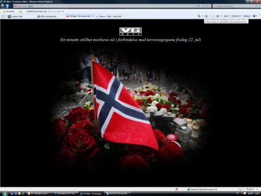 Skjermdump av forsiden på VG i anledning ett minutts stillhet i Norge mandag 25.7 kl 1200. Foto: Per Løchen / Scanpix Skjermdump av forsiden på VG i anledning ett minutts stillhet i Norge mandag 25.7 kl 1200. Foto: Per Løchen / Scanpix