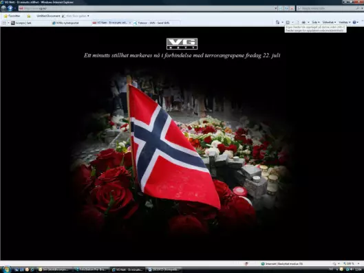 Skjermdump av forsiden på VG i anledning ett minutts stillhet i Norge mandag 25.7 kl 1200. Foto: Per Løchen / Scanpix