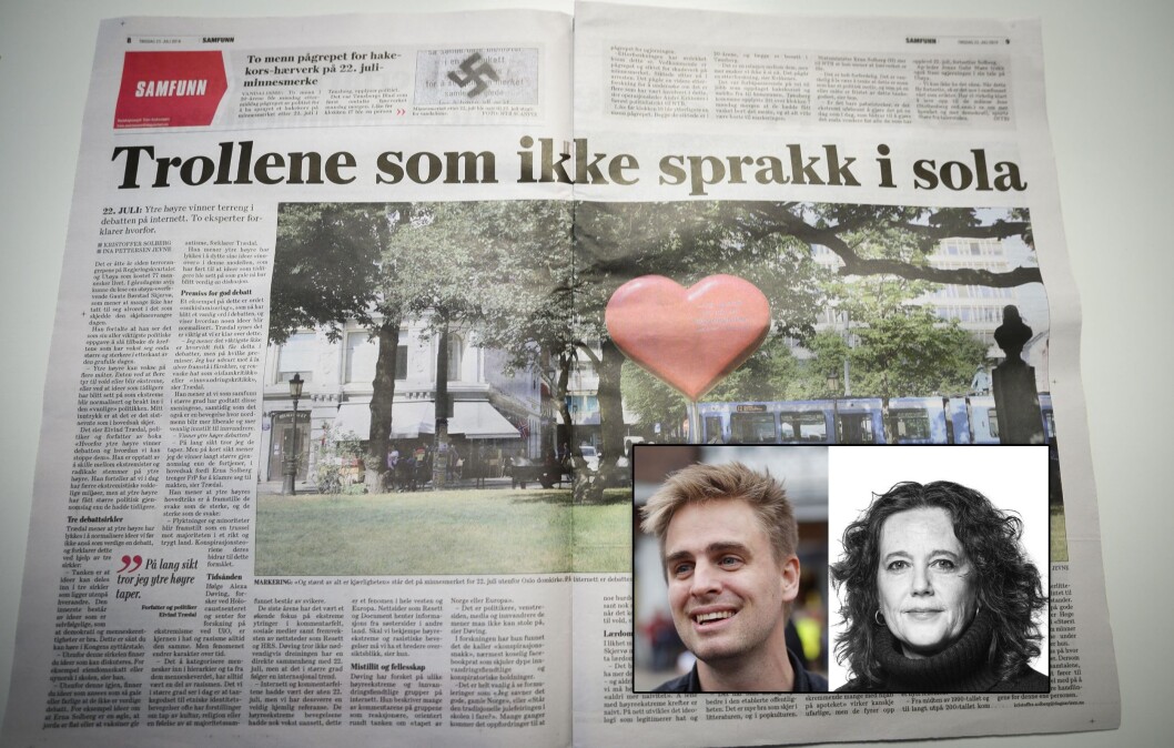 Sosiolog og samfunnsdebattant Kjetil Rolness reagerer på dette oppslaget i Dagsavisen. Innfelt: Eivind Trædal og Cora Alexa Døving Sosiolog og samfunnsdebattant Kjetil Rolness reagerer på dette oppslaget i Dagsavisen. Innfelt: Eivind Trædal og Cora Alexa Døving