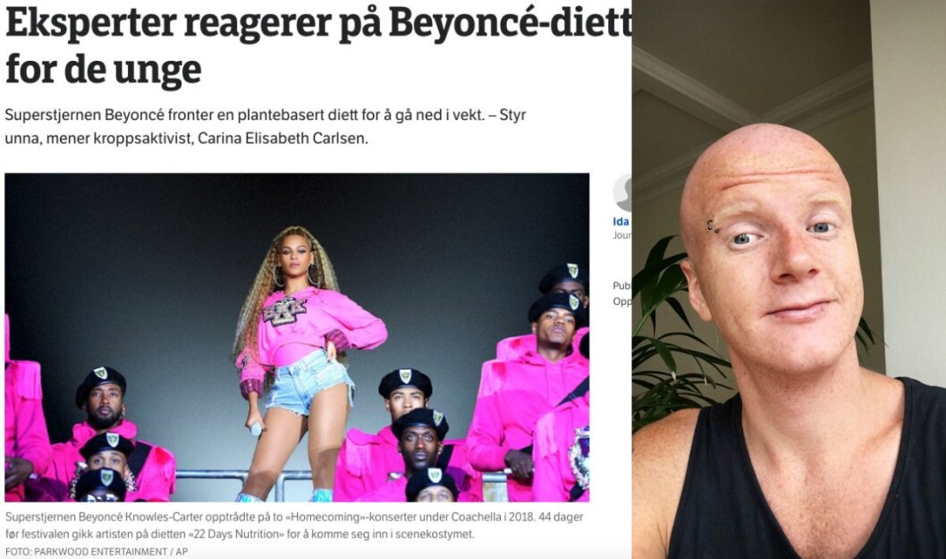 NRK gjør flere journalistiske tabber når de skriver om Beyonces slankediett, mener Henrik Kjellmo Larsen (til høyre) NRK gjør flere journalistiske tabber når de skriver om Beyonces slankediett, mener Henrik Kjellmo Larsen (til høyre)