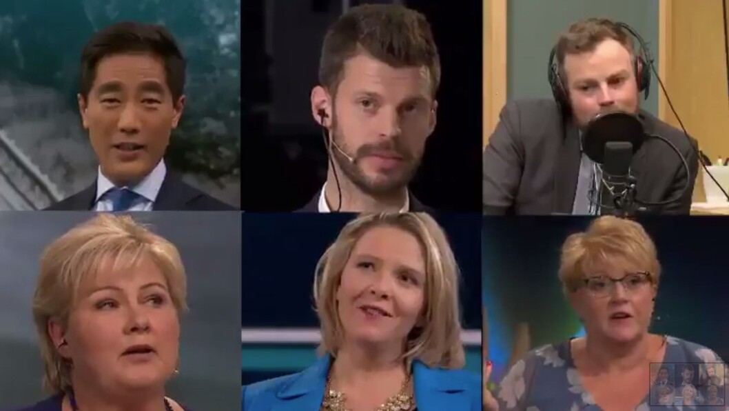 Oppe frå venstre: NRK-programleiar Fredrik Solvang, Bjørnar Moxnes (Raudt), Torbjørn Røe Isaksen (H), Erna Solberg (H), Sylvi Listhaug (Frp) og Trine Skei Grande (V). Oppe frå venstre: NRK-programleiar Fredrik Solvang, Bjørnar Moxnes (Raudt), Torbjørn Røe Isaksen (H), Erna Solberg (H), Sylvi Listhaug (Frp) og Trine Skei Grande (V).