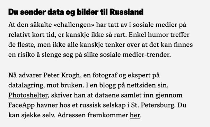 Skjermdump av saken til Nettavisen om FaceApp.