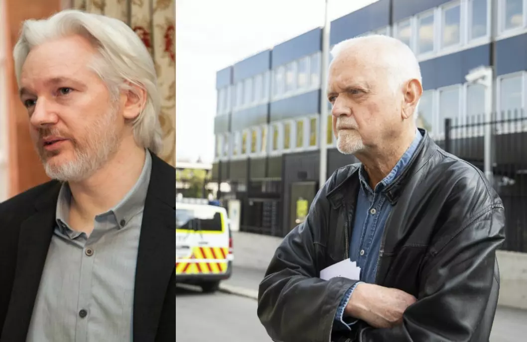 Til venstre: Julian Assange. Til høgre: Rune Ottosen frå då han haldt apell under støttemarkering for Julian Assange  utenfor den britiske ambassaden i vår.