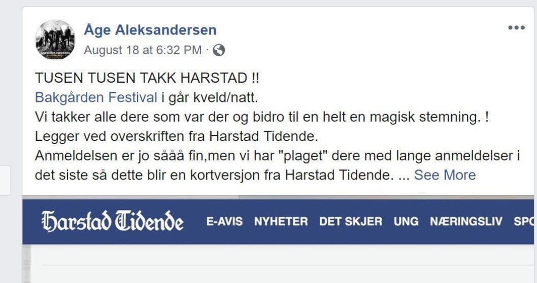 Faksimile fra Åge Aleksandersens Facebook. Faksimile fra Åge Aleksandersens Facebook.