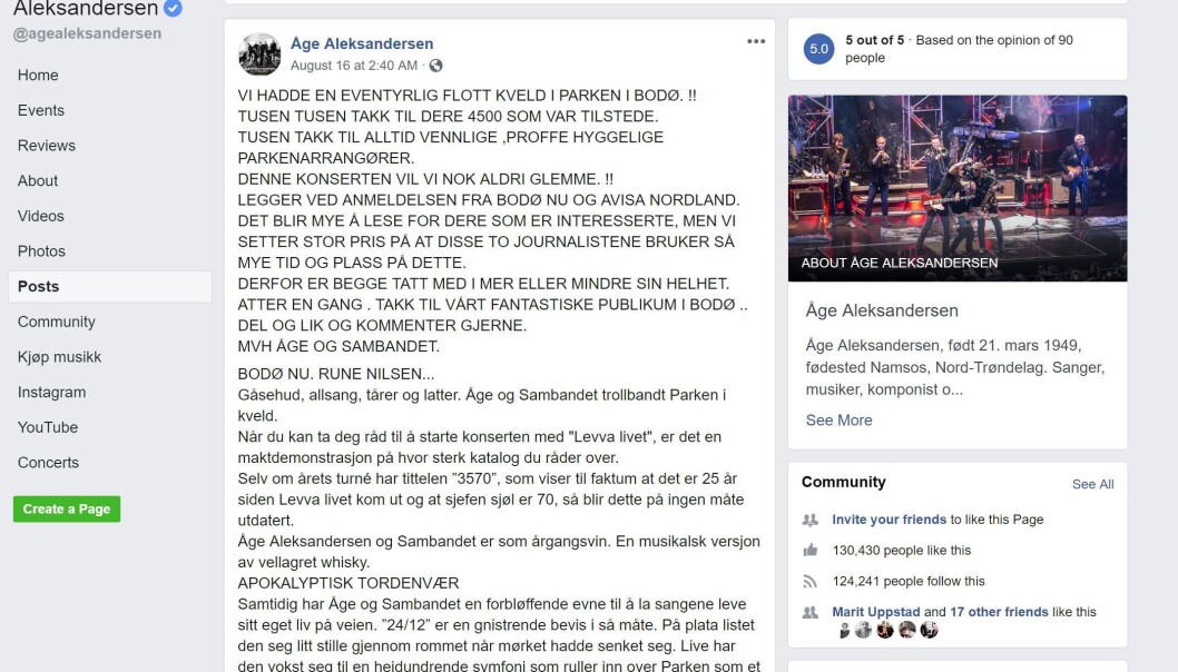 Faksimile Facebook-siden fredag 23. august. Etter at Medier24 tok kontakt med Åge Aleksandersen og manager Tor Evensen, ser deler av teksten fra den helklippede anmeldelsen ut til å være fjernet. Faksimile Facebook-siden fredag 23. august. Etter at Medier24 tok kontakt med Åge Aleksandersen og manager Tor Evensen, ser deler av teksten fra den helklippede anmeldelsen ut til å være fjernet.