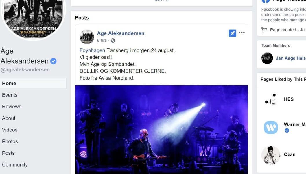 Faksimile Åge Aleksandersens Facebook-side fredag 23. august. Faksimile Åge Aleksandersens Facebook-side fredag 23. august.