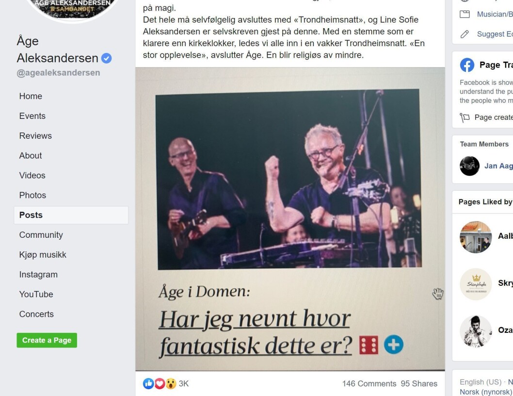 Faksimile Facebook-siden til Åge Aleksandersen, med bildet fra Adresseavisen. Faksimile Facebook-siden til Åge Aleksandersen, med bildet fra Adresseavisen.