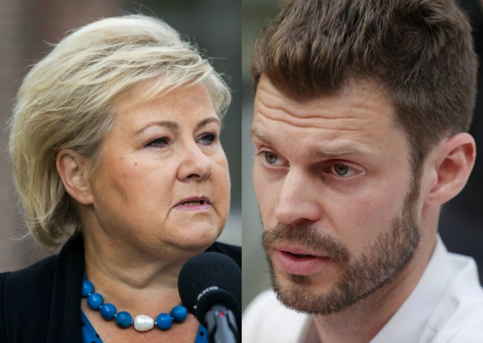 Statsminister Erna Solberg (H) og Rødt-leiar Bjørnar Moxnes.