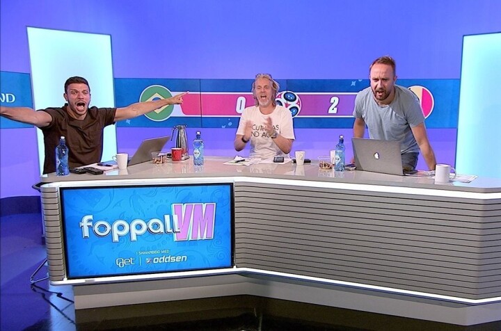 VGTV sitt «Foppall»-studio under VM i Russland i 2018. Frå venstre: Programleiar Jamel Rake, Jan-Åge Fjørtoft og Bernt Hulsker.
