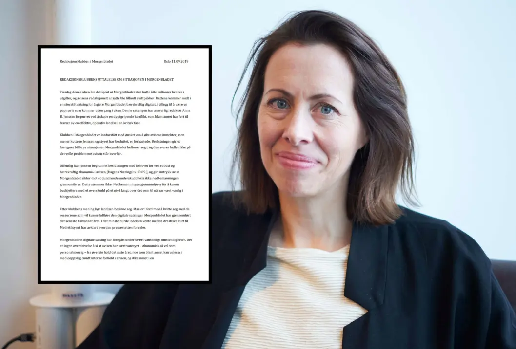 Ansvarlig redaktør Anna B. Jenssen i Morgenbladet. Brev innfelt. Ansvarlig redaktør Anna B. Jenssen i Morgenbladet. Brev innfelt.