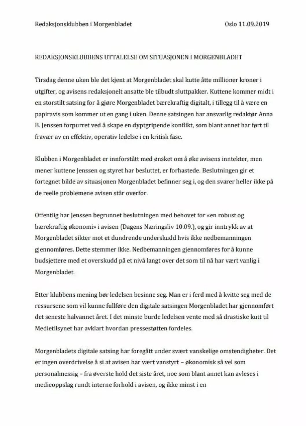 Brev sendt fra redaksjonsklubben i Morgenbladet til ledelsen.