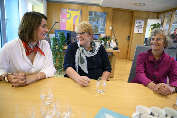 Tidligere Egmont-direktør Kjersti Mo blir ny direktør i Norsk Filminstitutt. Her sammen med kulturminister Trine Skei Grande og NFIs styreleder Marit Reutz i Kulturdepartementet.