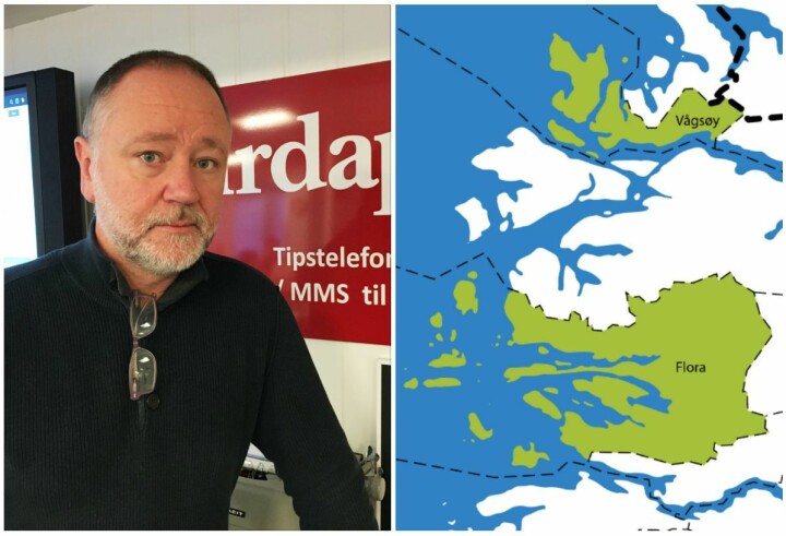 Redaktør i Firdaposten, Svend-Arne Vee og illustrajonskart over den nye kommunen Kinn.
