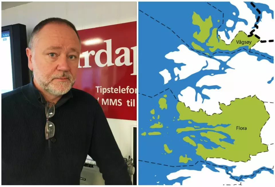 Redaktør i Firdaposten, Svend-Arne Vee og illustrajonskart over den nye kommunen Kinn.