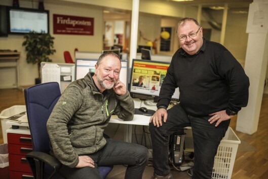 Redaktør i Firdaposten, Svend-Arne Vee (t.v.), og redaktør i Fjordenes Tidende, Erling Wåge, er budd på utfordringar når kommunane deira skal slåast saman frå 1. januar2020. Foto Redaktør i Firdaposten, Svend-Arne Vee (t.v.), og redaktør i Fjordenes Tidende, Erling Wåge, er budd på utfordringar når kommunane deira skal slåast saman frå 1. januar2020. Foto
