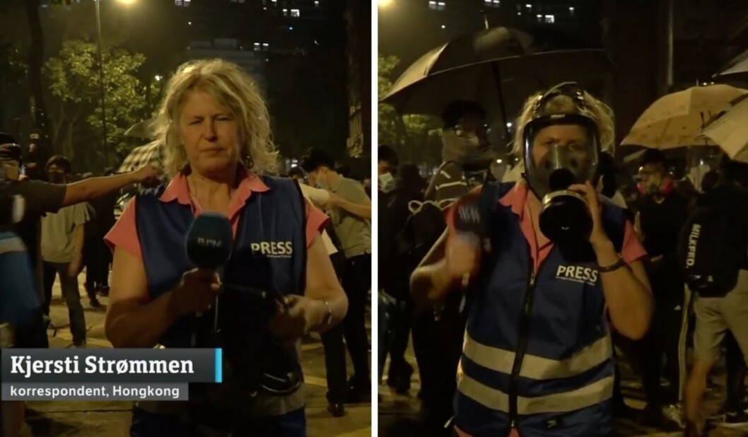 Kjersti Strømmen fikk tåregass i ansiktet og måtte ty til gassmaske under intervjuet på Dagsrevyen mandag. Kjersti Strømmen fikk tåregass i ansiktet og måtte ty til gassmaske under intervjuet på Dagsrevyen mandag.