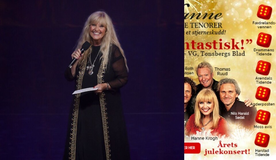 Hanne Krogh, her fra da hun delte ut Amanda i klassen «Beste originalmusikk» i Haugesund. Til høyre er reklame for årets juleturné. Hanne Krogh, her fra da hun delte ut Amanda i klassen «Beste originalmusikk» i Haugesund. Til høyre er reklame for årets juleturné.