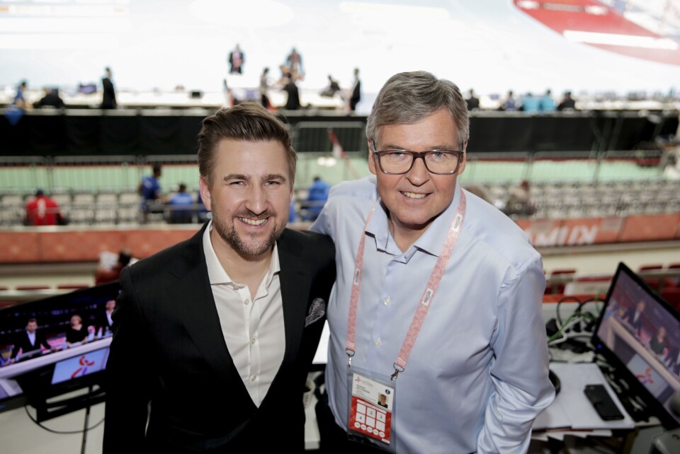 TV3-kommentator Daniel Høglund og Gunnar Pettersen i Aqua Dome Kumamoto. TV3-kommentator Daniel Høglund og Gunnar Pettersen i Aqua Dome Kumamoto.