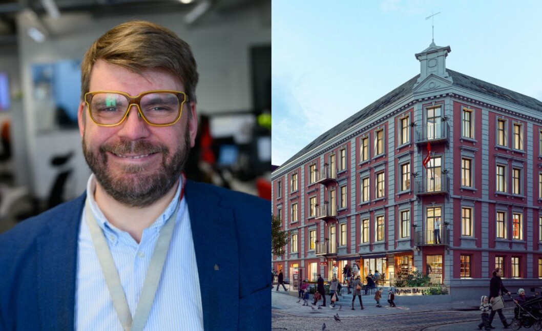 Sjefredaktør Sigvald Sveinbjørnsson i Bergensavisen. Til høgre illustrasjon av nye BA-lokale i Vestre Torggate. Sjefredaktør Sigvald Sveinbjørnsson i Bergensavisen. Til høgre illustrasjon av nye BA-lokale i Vestre Torggate.