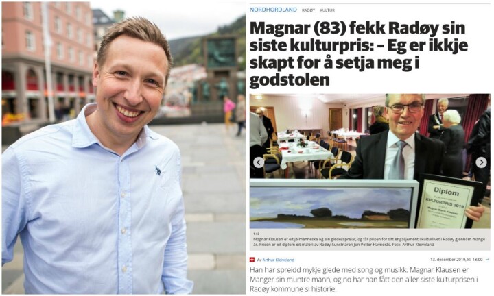Trond Roger Nydal er redaktør i Avisa Nordhordland. Til høgre er journalist Arthur Kleiveland sin artikkel frå fredag.